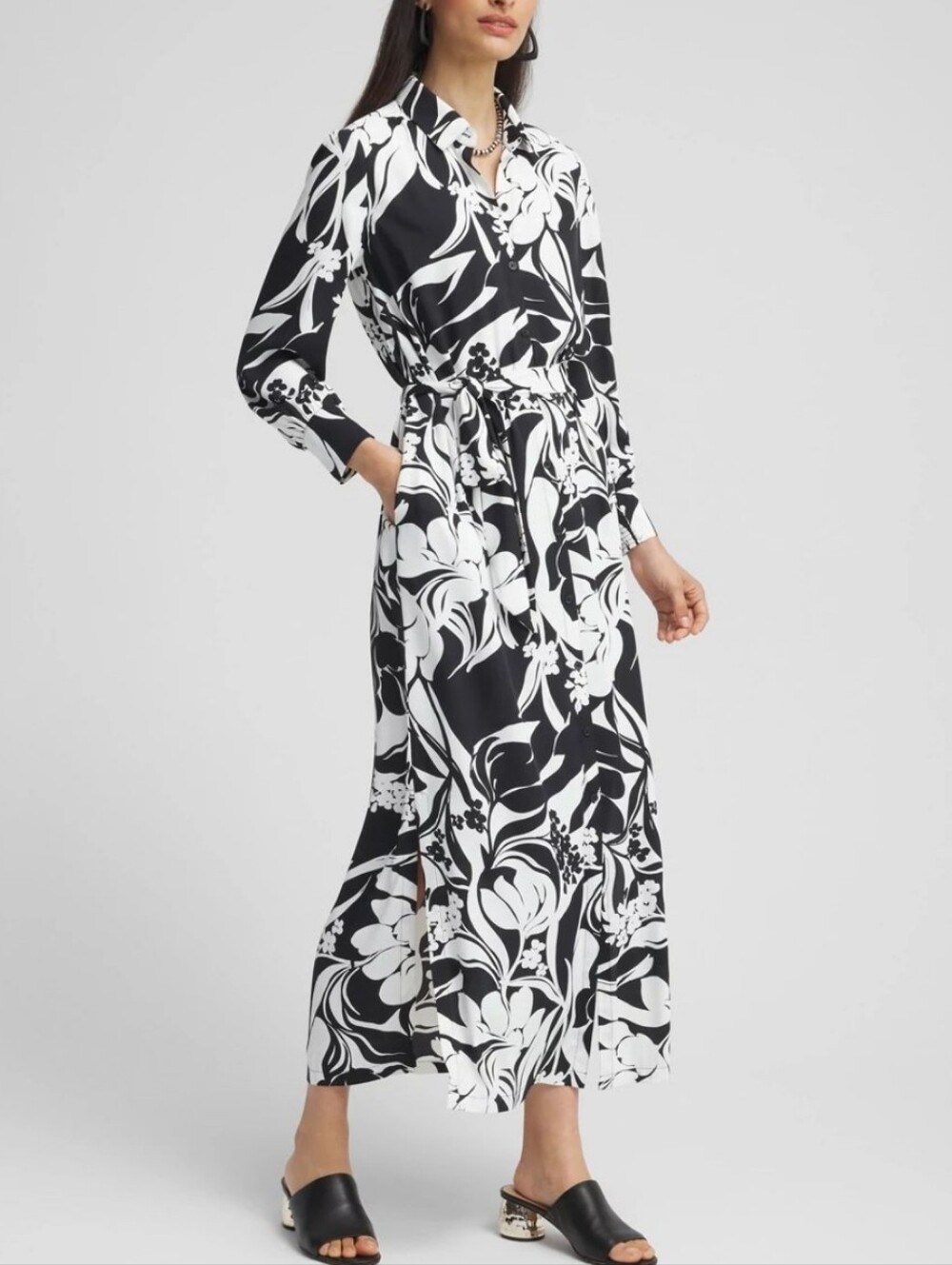 Chico's Foiliage Maxi Shirt Button-Front Dress Black White Longsleeve Pockets